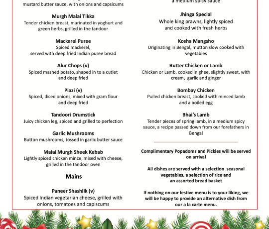 Christmas Party Menu at Moza Indian, Newport Pagnell